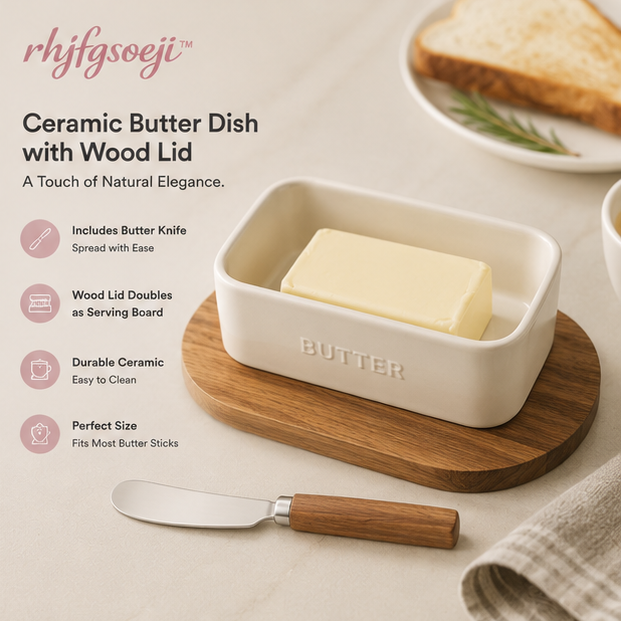 rhjfgsoeji™ Ceramic Butter Dish with Natural Wood Lid & Butter Knife