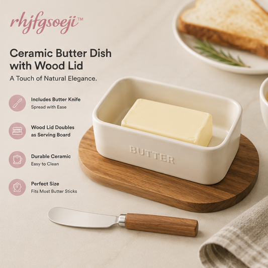 rhjfgsoeji™ Ceramic Butter Dish with Natural Wood Lid & Butter Knife