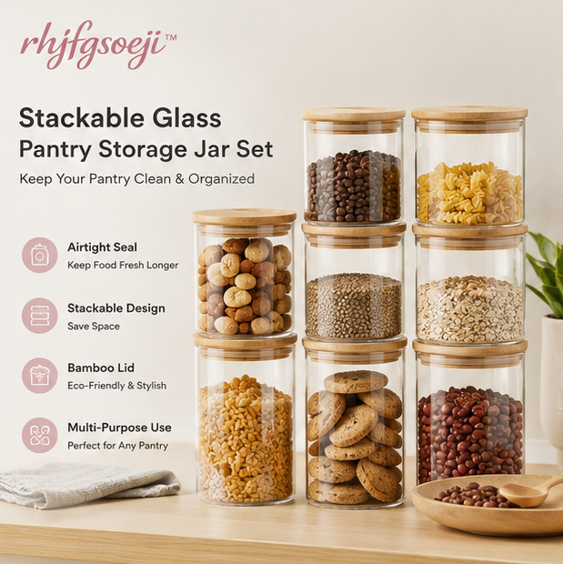 rhjfgsoeji™ Stackable Glass Pantry Storage Jar Set with Bamboo Lid