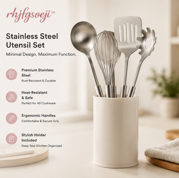 rhjfgsoeji™ Minimalist Stainless Steel Cooking Utensil Set with Holder